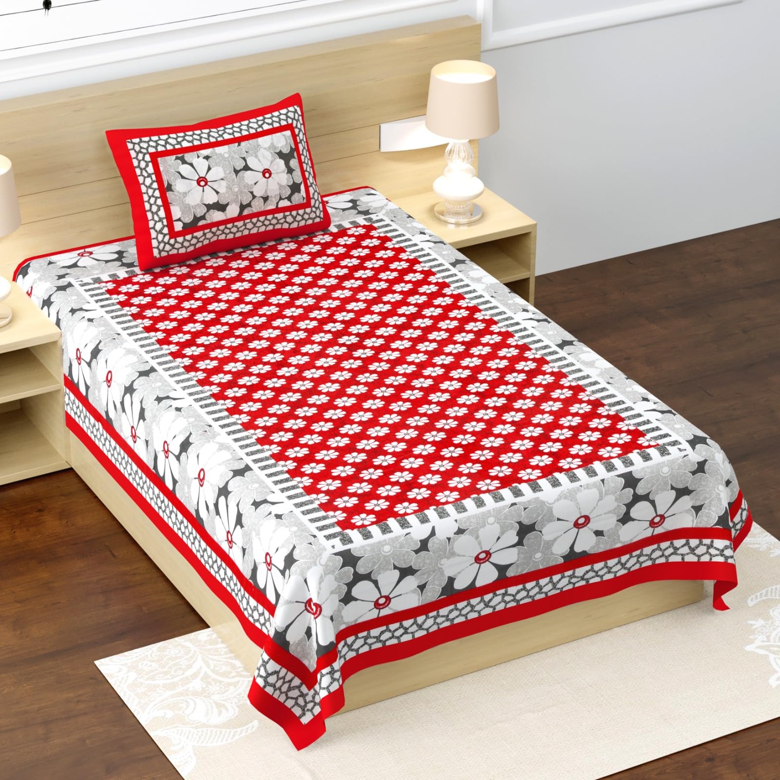 RajasthaniKart® Pure 100% Cotton Single Bed Sheet with 1 Pillow Cover (Bedsheet for Single Bed Cotton, Red Floral)