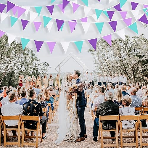 Miniatura 5 de Guirnalda de banderines de tela con banderines de tela con diseño de sirena, color morado, azul aguamarina y blanco, para cumpleaños, boda,