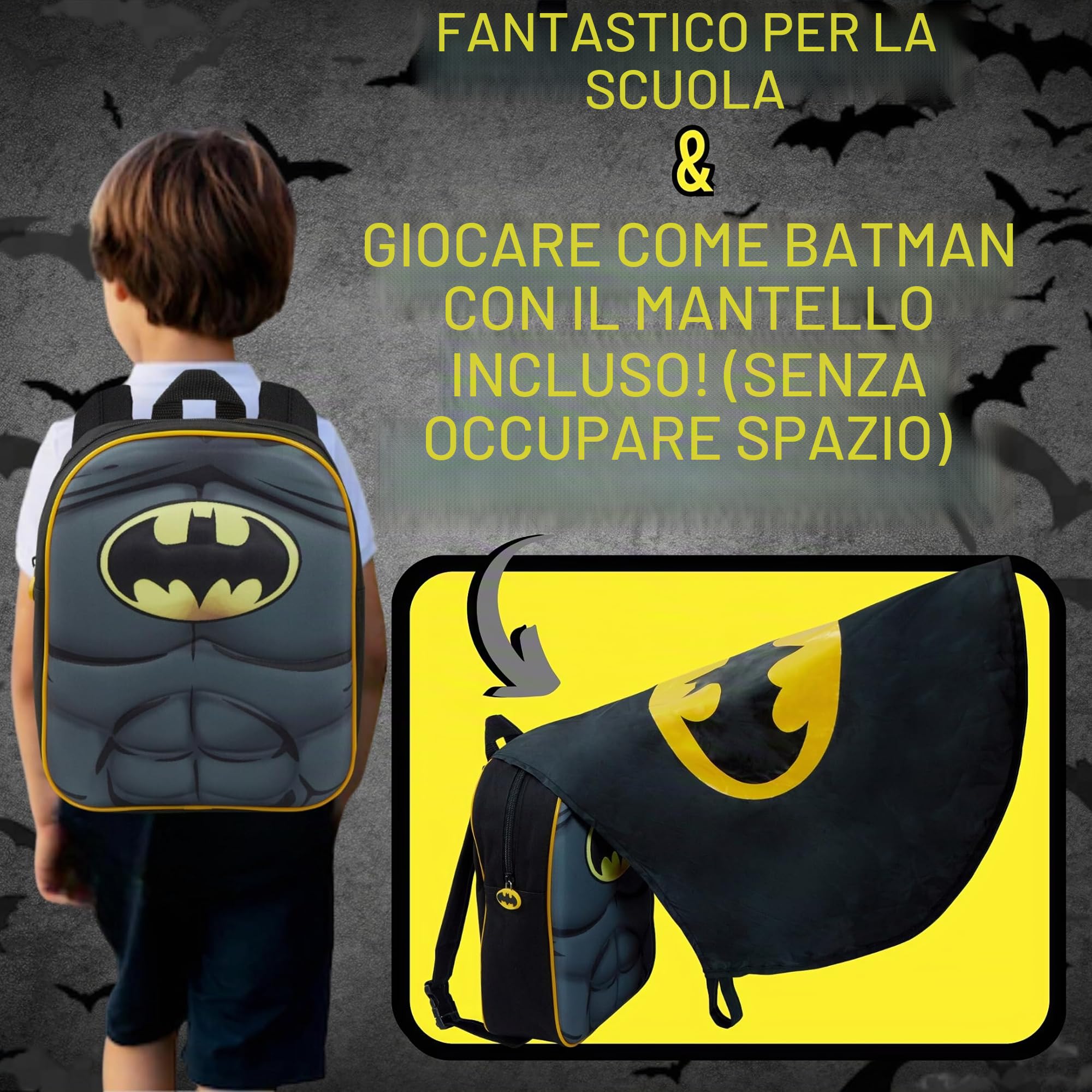 Zaino 3D Batman per ragazzi con mantello pieghevole Bambini DC Comics Novità Costume Zaino