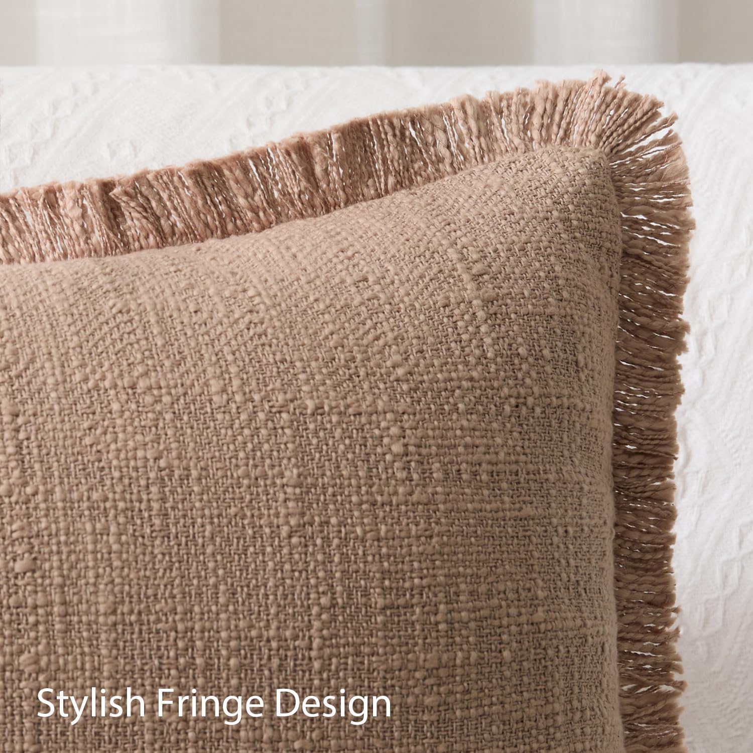 Kevin Textile 14x36 Inch Long Lumbar Pillow Cover 1 Pack Boho Fringe Decorative Rectangle Cushion Case with Tassels Neutral Cotton Woven Textured Farmhouse for Living Room Couch Sofa Bed, Khaki Brown