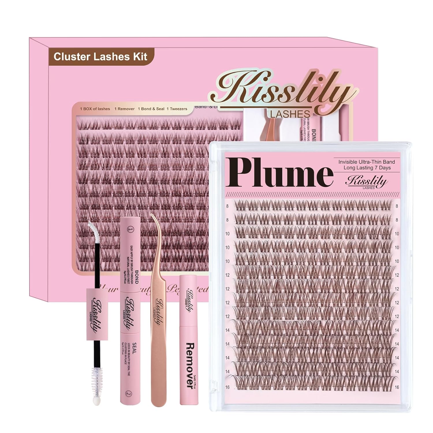 Plume Brown Lashes Natural Lash ClustersWith Invisible Band DlY Lash Extension Kit Eyelash Kit with Bond and Seal 8-16mm C Curl Beginner Individual Lashes Long lasting Makeup For Girl