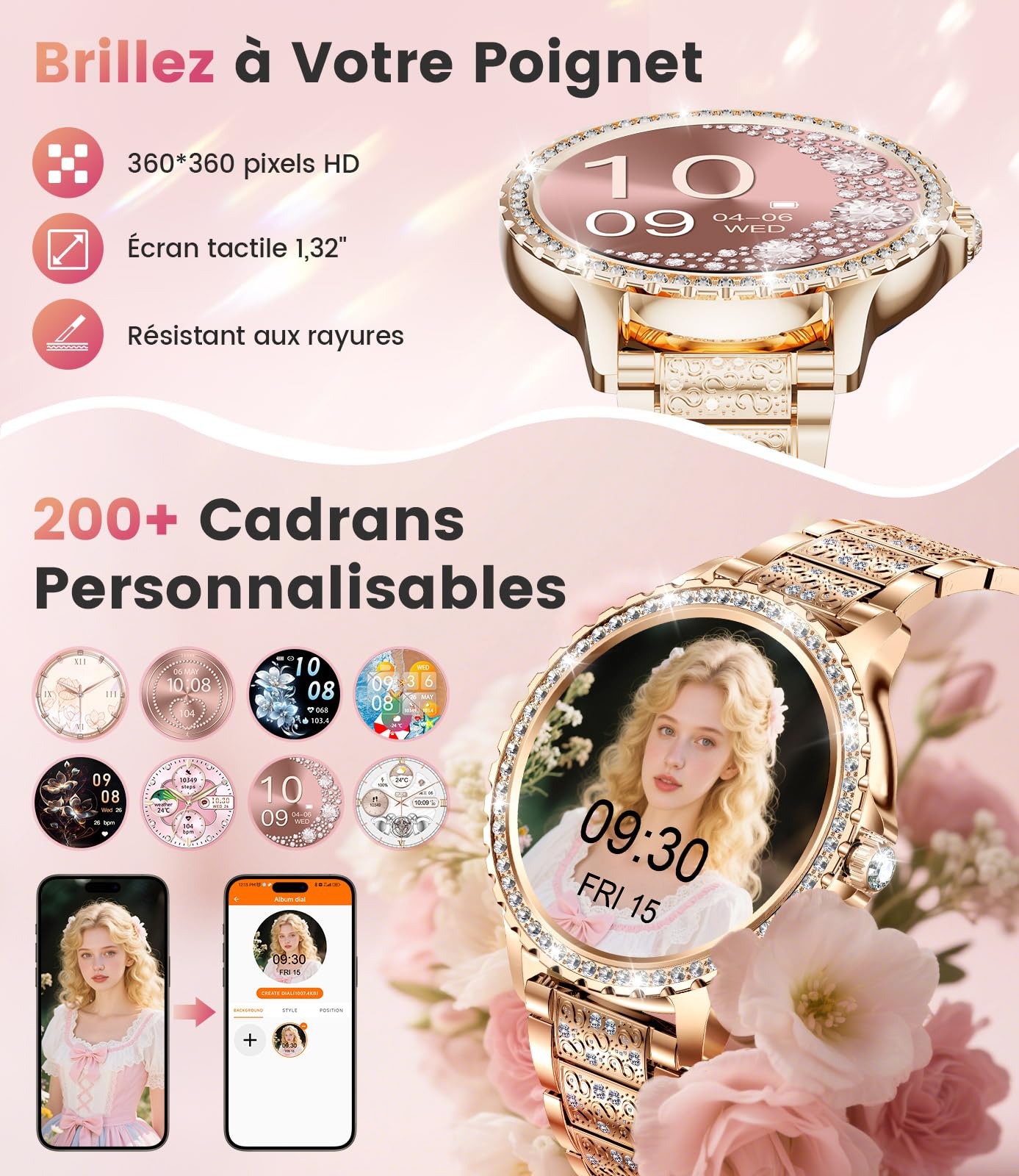 LIGE 1.32" HD Montre Connectée Femme avec Appel Bluetooth, Smartwatch avec Fonction Féminine/120+ Modes Sport/Fréquence Cardiaque/Sommeil/Cycle menstruel/Podomètre Calories pour Android iOS Or Rose