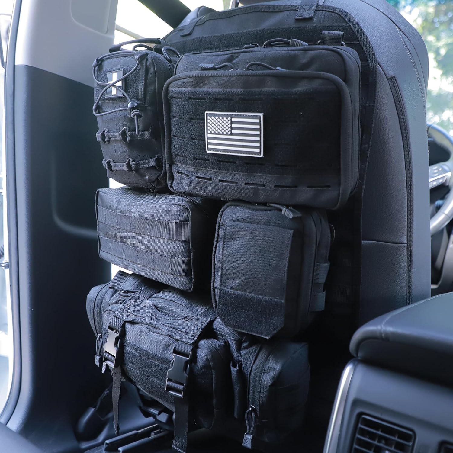 Universal Tactical Seat ​Back Organizer Vehicle Molle Panel Organizer Storage Bag with 5 Detachable Molle Pouch for All Vehicel Such as Jeep,Truck,SUV, Car, Ford,Chevy etc