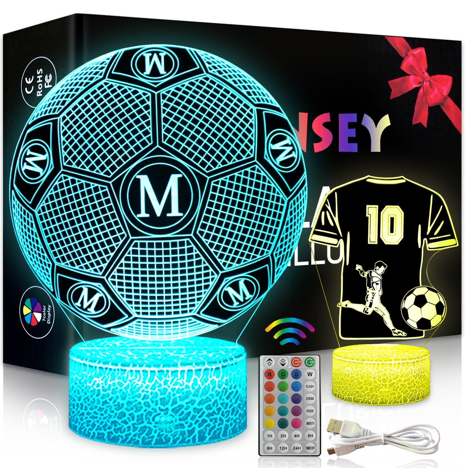 2 Pezzi Milano Calcio Luce Notturna Bambini, Regalo de Calcio per Bambini 2 3 4 5 6 -12 anni, Calcio Lampade 3D Illusione Lamp con 16 Cambi di Colore, Regali di Natale Compleanno per Ragazza, Ragazzo