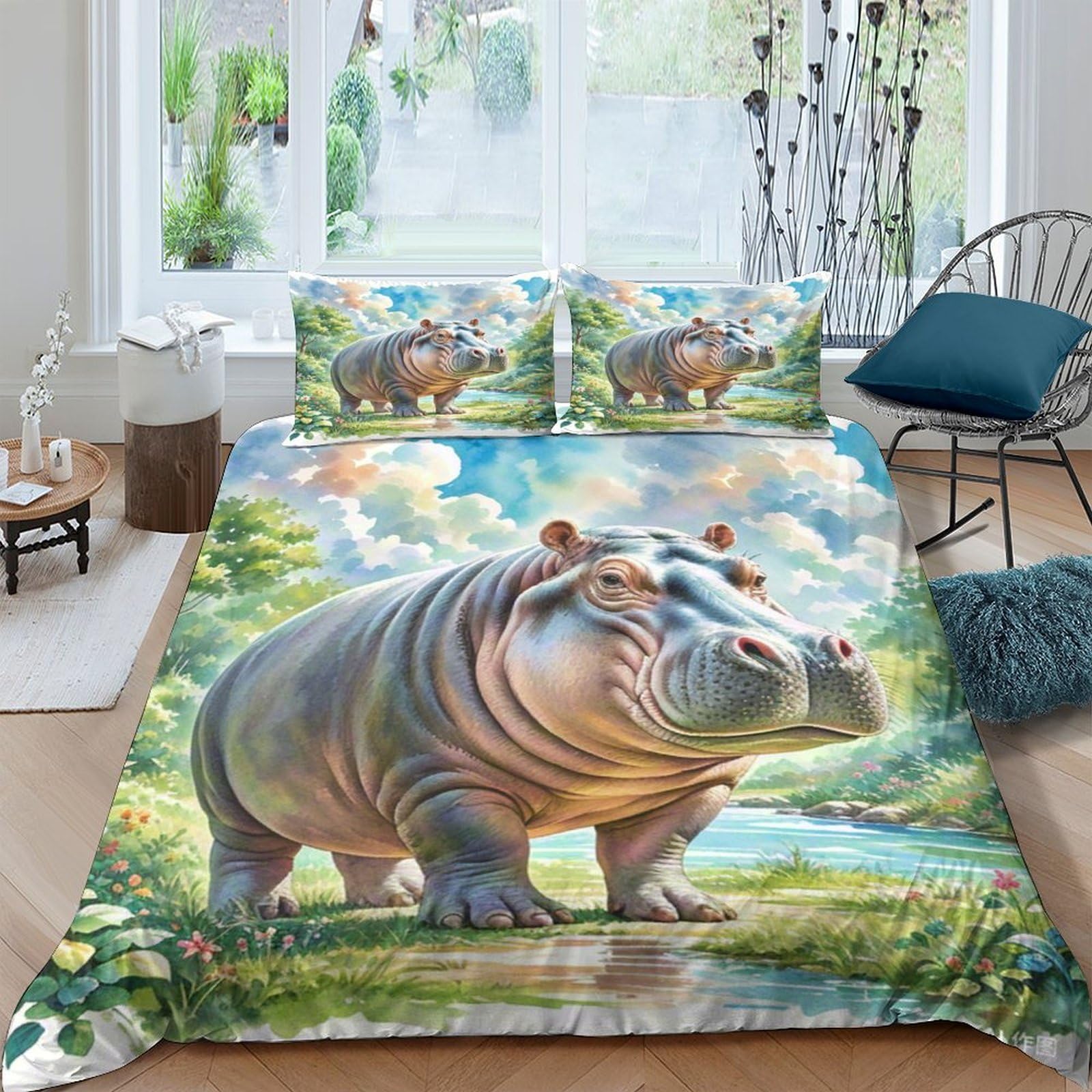 Housse de couette fermeture éclair 220x240cm motif hippopotame ultra doux