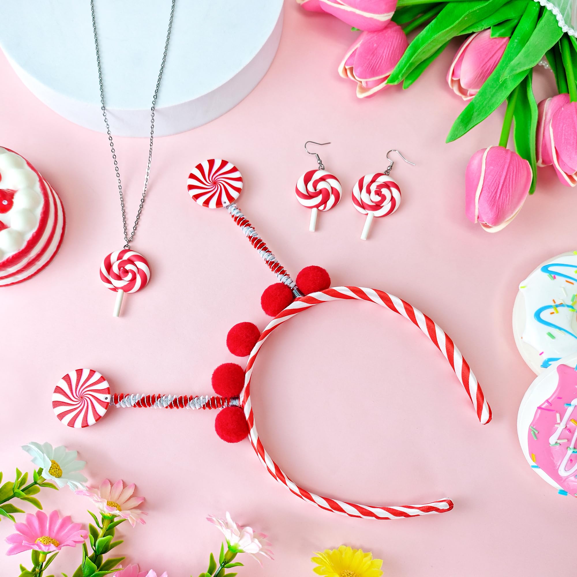 Yezmo 4PCS Candy Cane Headband Set, Lollipop Costume Accessories with Candy Cane Headband Earrings Necklace for Women Girls (Red) - Image 3
