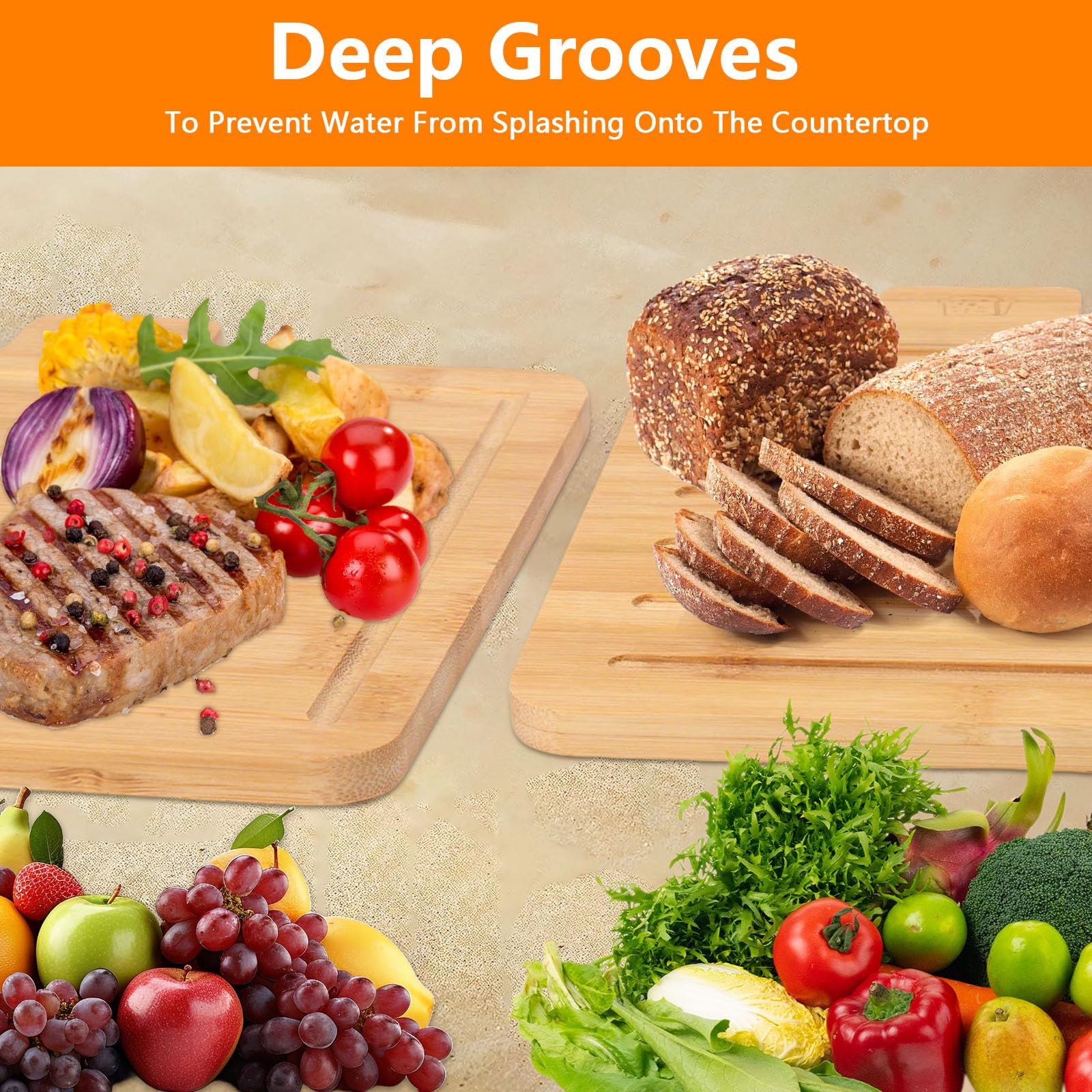 Juego de 4 tablas de cortar de bambú para cocina, tablas de cortar con soporte, tablas de cortar para carne, verduras, pescado y pan