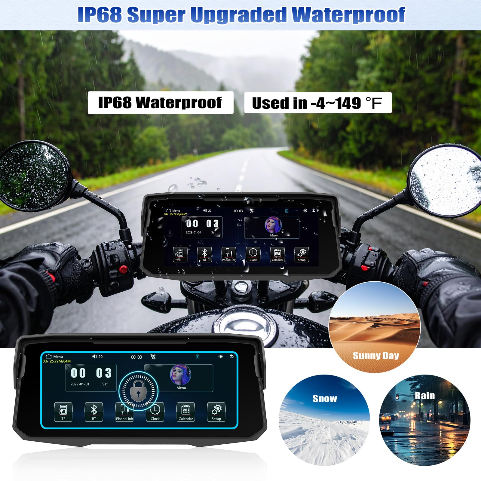 [2026] CAMECHO Wireless Carplay Pantalla de Motocicleta de 6.86 Pulgadas con Android Car IP68 Resistente al Agua, Navegador de Pantalla Táctil con Bluetooth Airplay Android Cast EQ Sound + 1280*480 HD