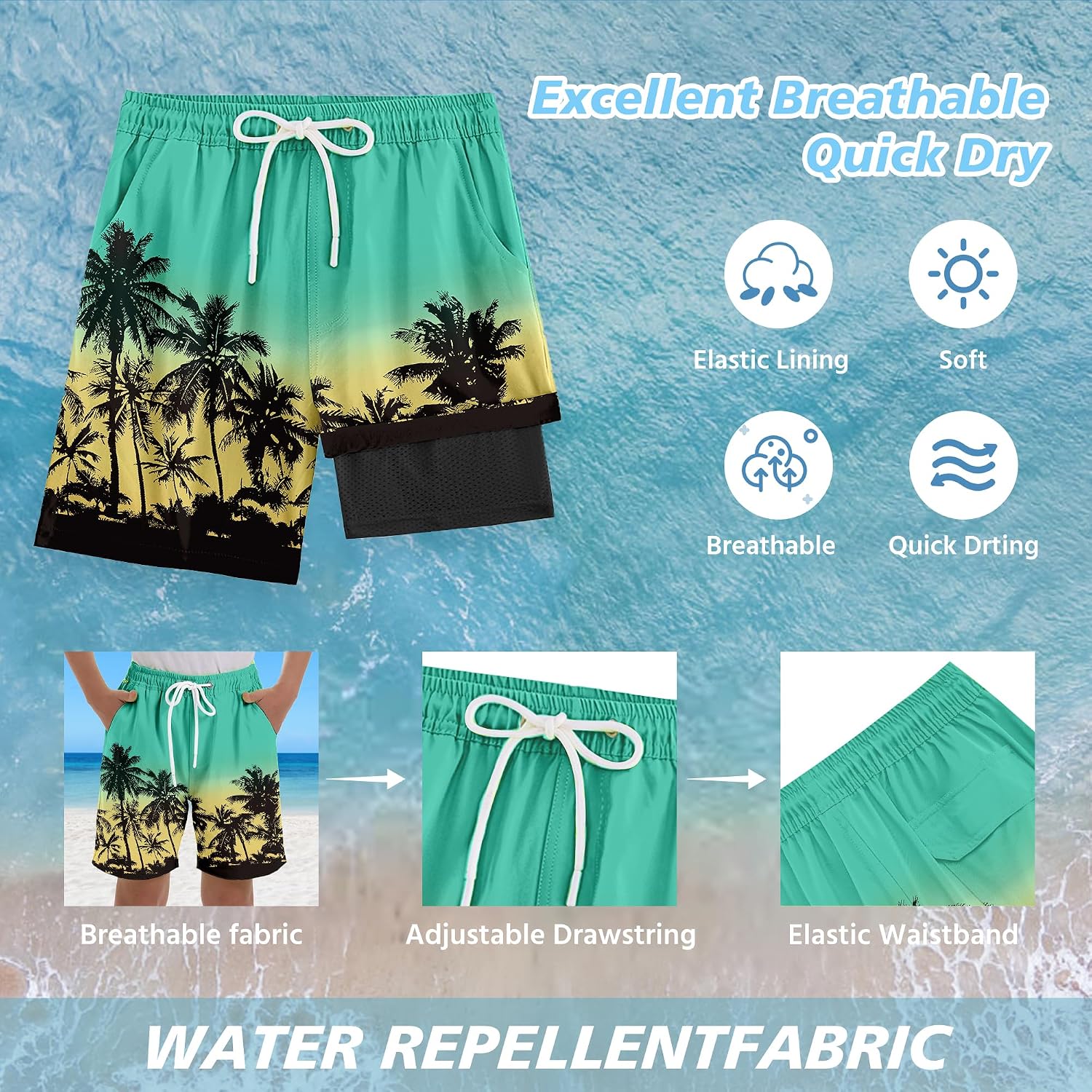 Boys Swim Trunks with Compression Liner UPF 50+ Quick Dry Bathing Suit Kids Beach Shorts Swimwear 7-20T
