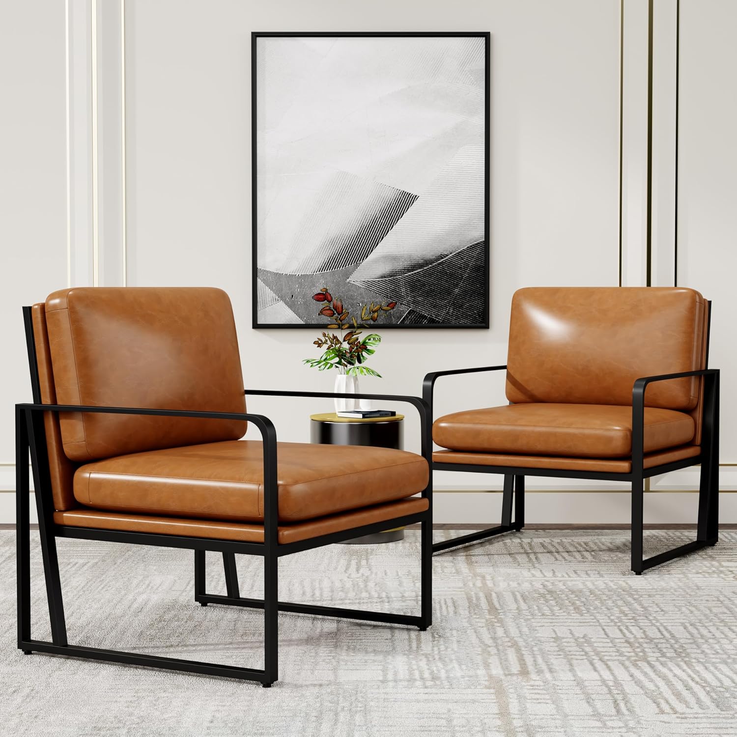 Set of 2 Brown Faux Leather Armchairs with Metal Frame