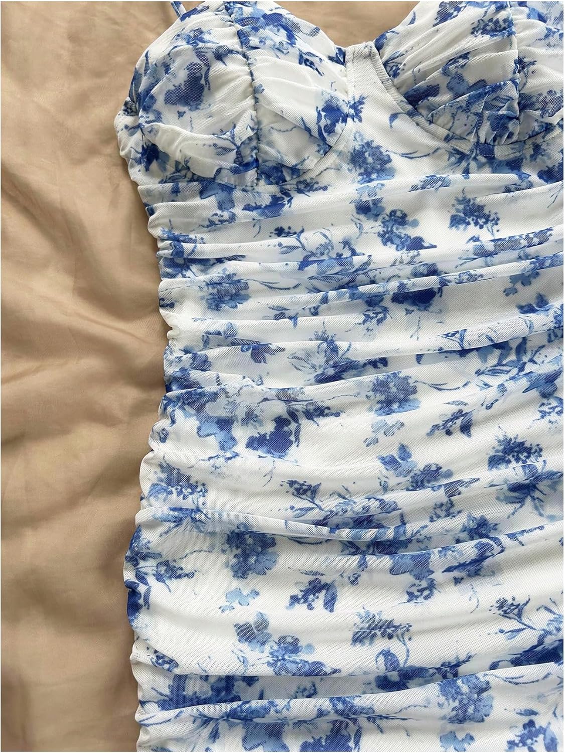 GORGLITTER Women's Floral Mesh Bodycon Mini Dress Ruched Spaghetti Strap Cami Dresses Summer Beach Going Out Dress - Image 2