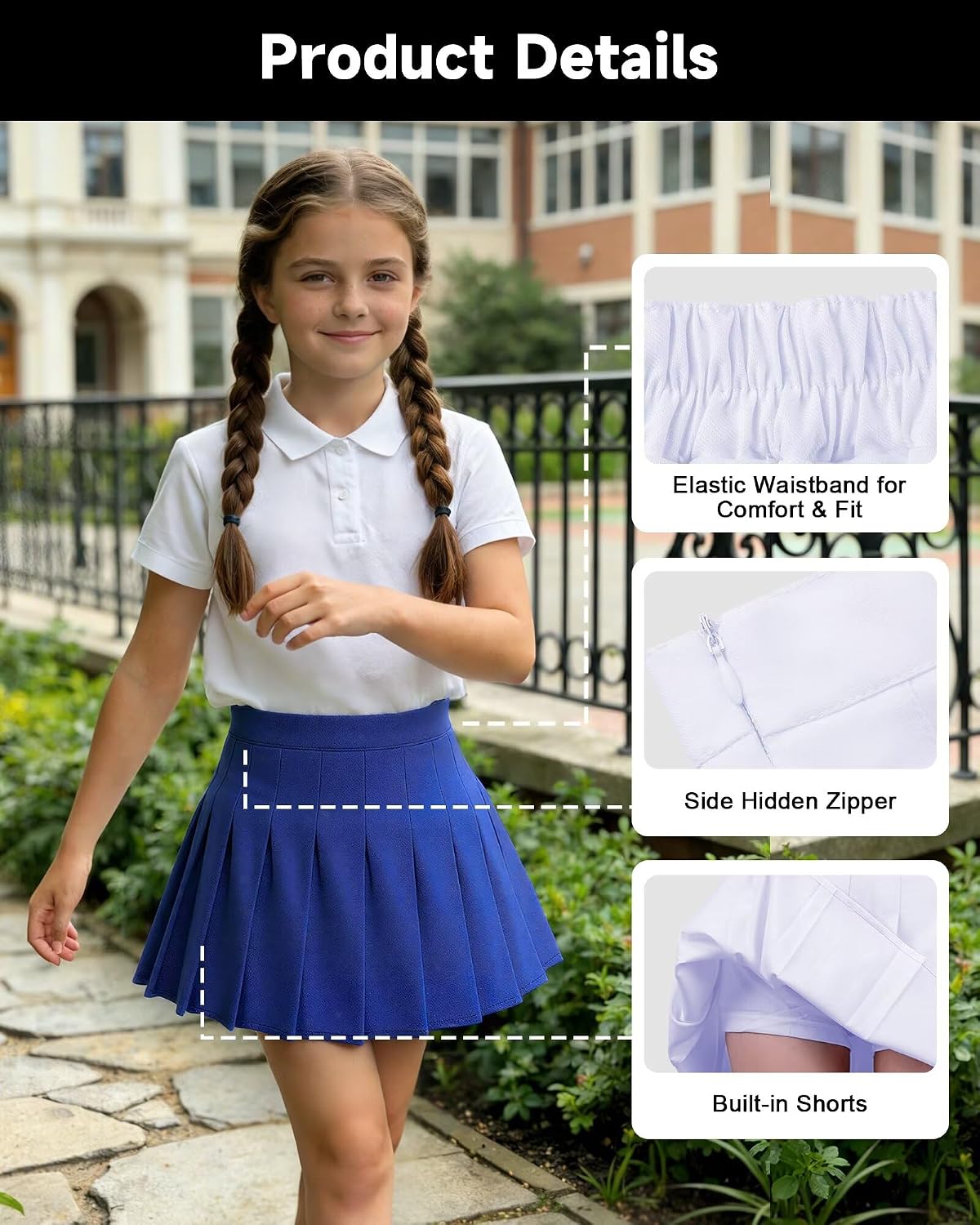 Girls Pleated Skort School Uniform Skirts A-Line Tennis Skirt with Shorts