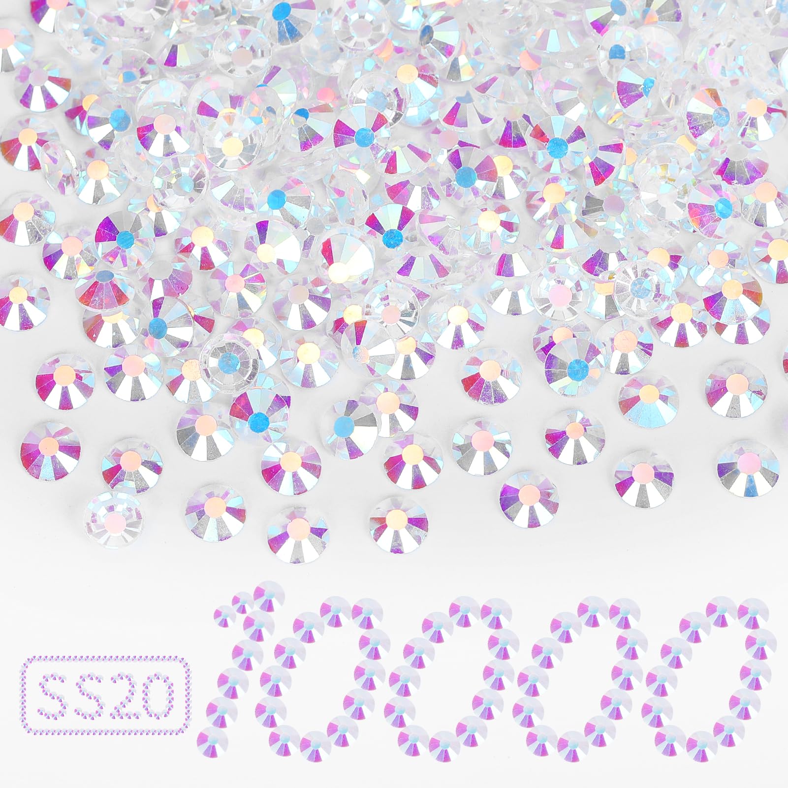 10000PCS Transparent AB Rhinestones Bulk, Flat Back Crystal Glass Stone Round Gems,SS20, 4.6-4.8mm