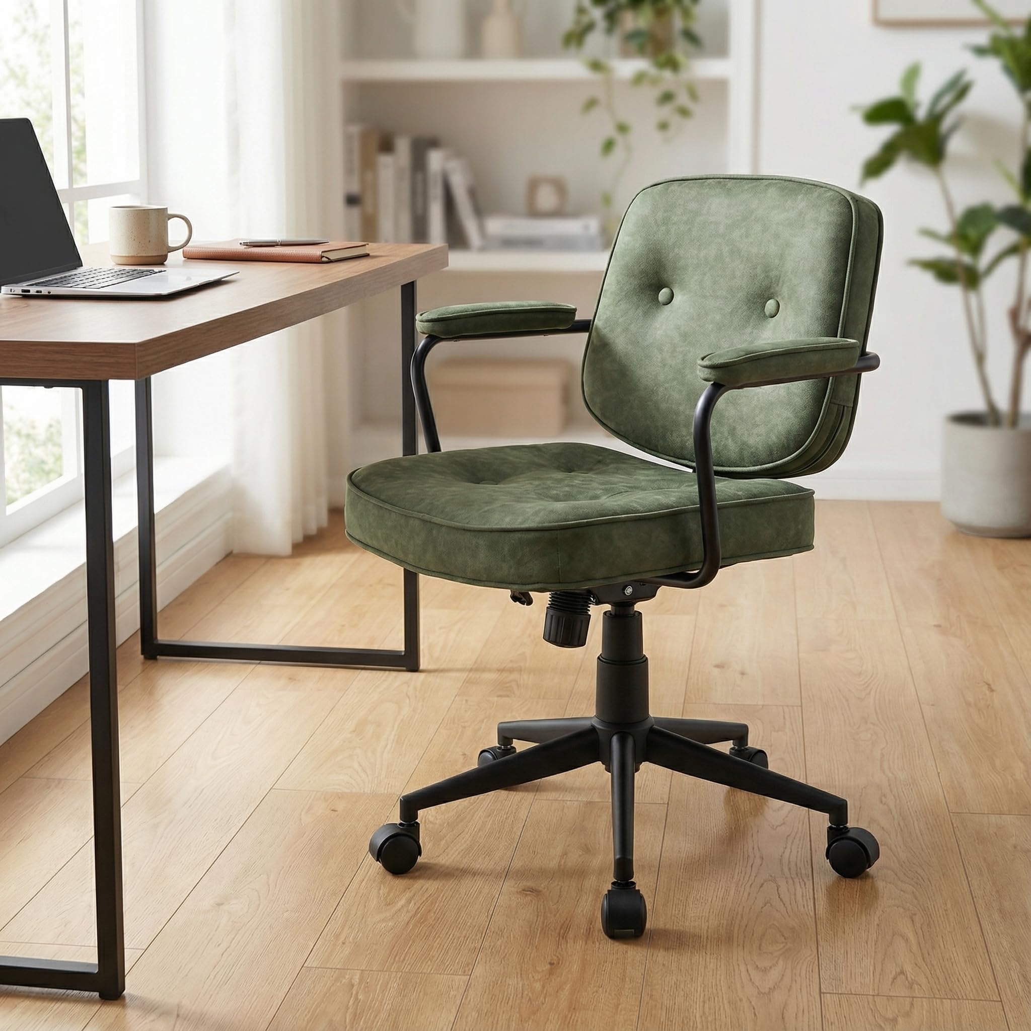 LukeAlon Comfy Green PU Leather Desk Chair, 360° Swivel Task Chair with Armrest, Thickened Seat, Tiltable & Button Tufted Design for Home Office