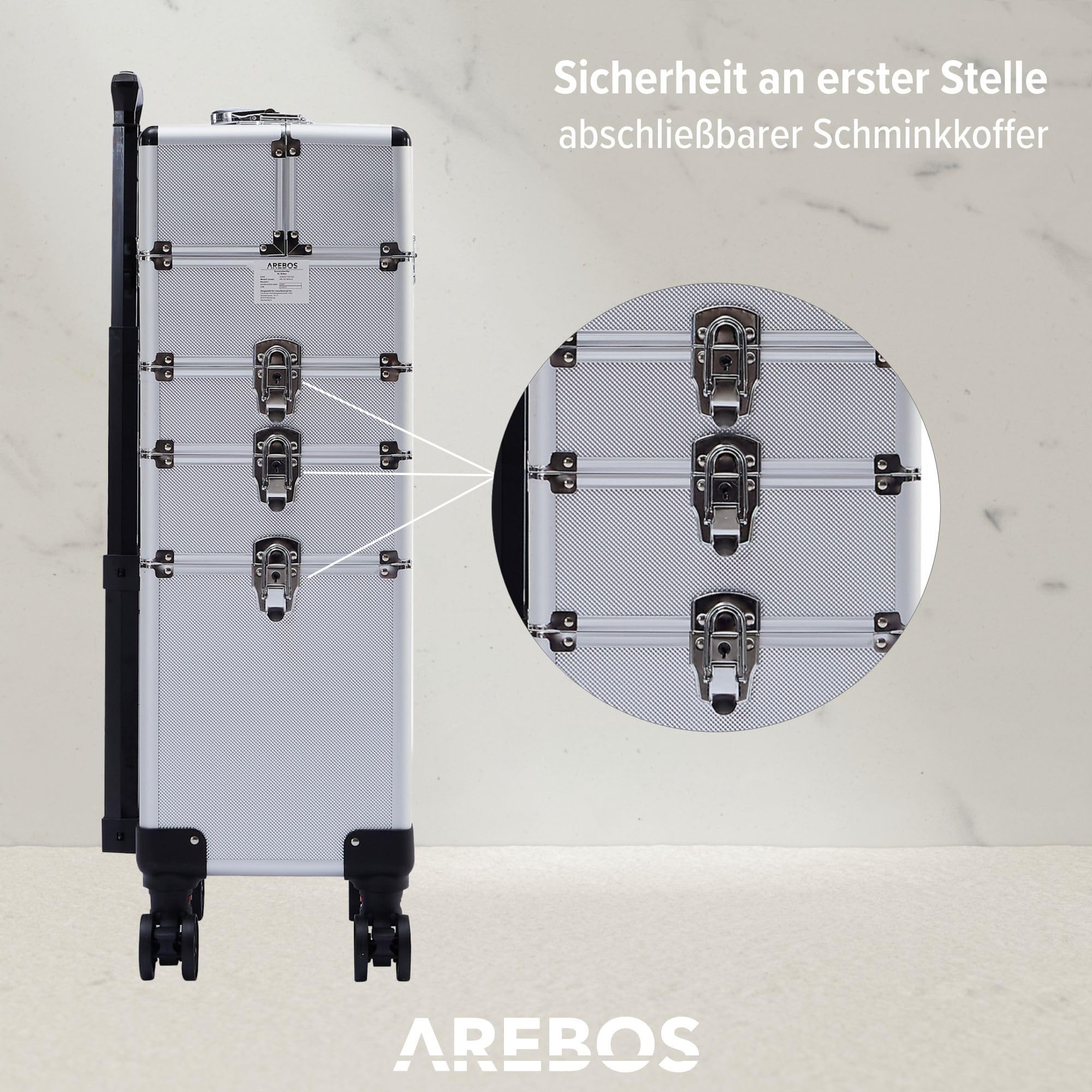 Arebos 4-in-1 Kosmetikkoffer | 4 Fächer & 1 Schublade | Teleskop- und Tragegriff | 8 Schlösser | 4X 360°-Rollen | Samtfutter | Trolley | Make-Up Koffer | Silber