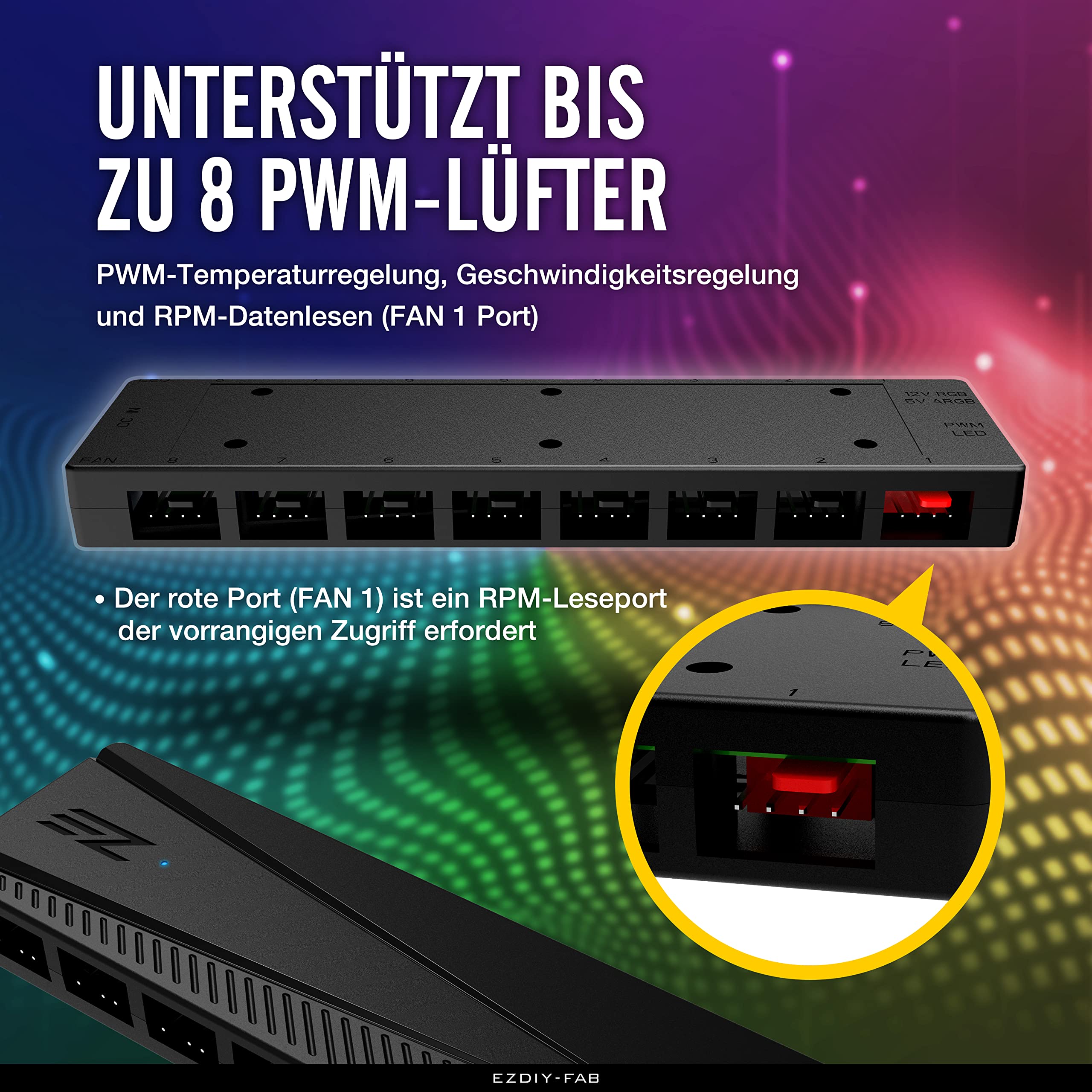 EZDIY-FAB Ventilador Hub PWM para Cajas de PC, 8 Puertos ARGB, 12V RGB/5V Sincronización de Placa Base, Adaptador PWM Funcional, Dos Sistemas de Iluminación