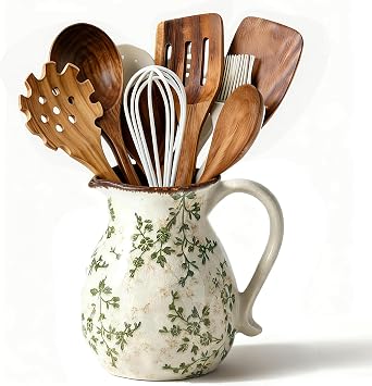 Ceramic Countertop Utensil Holder, 6.1 Inch Vintage Farmhouse Floral Crock | Scratch-resistant hand-painted green floral cream-glazed ceramic,kitchen counter organizer,flower pot,rustic farmhouse decor