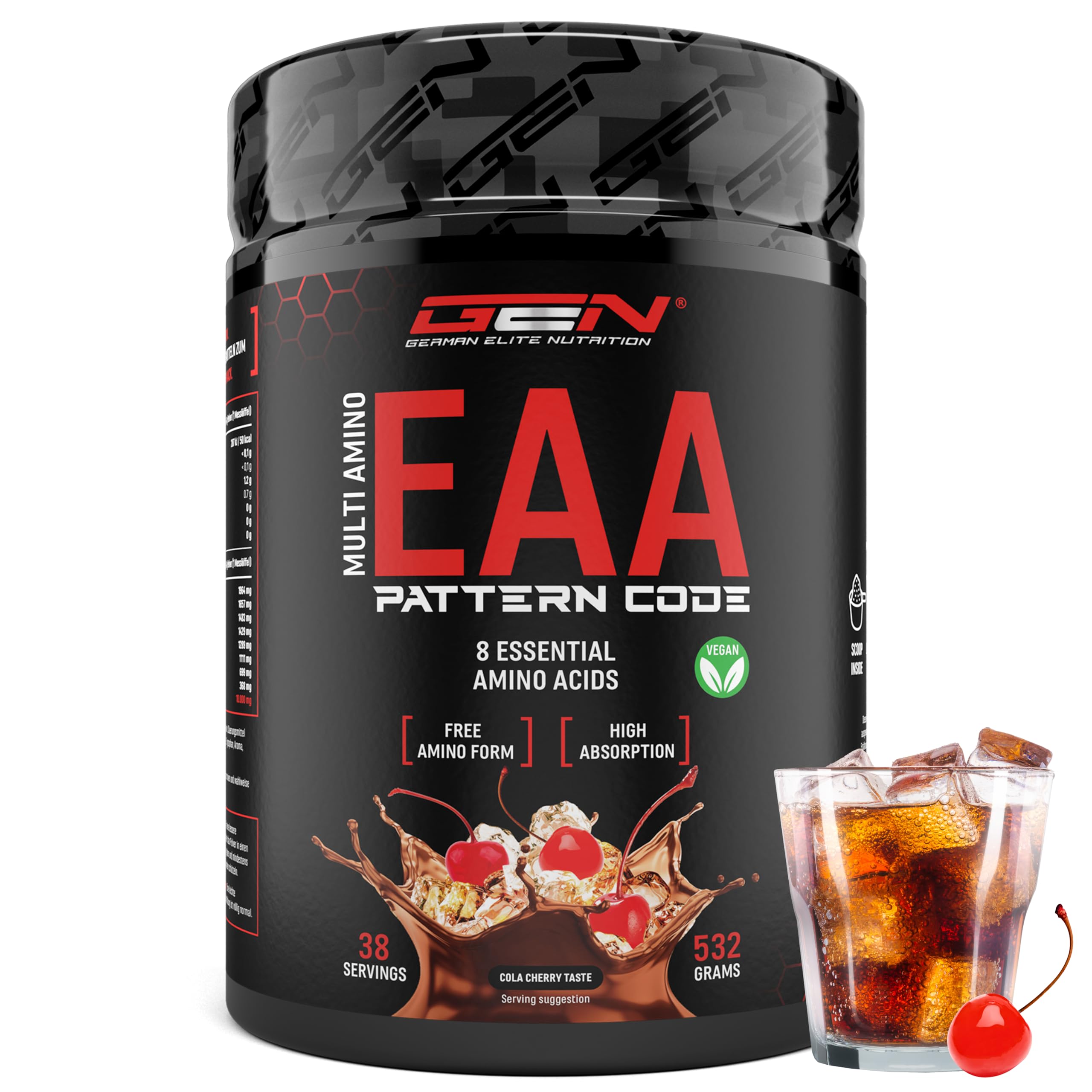 EAA Polvere - 532 g - (Cola Cherry) - Formula Codice Umano - Tutti gli 8 aminoacidi essenziali - Bevanda Amino per l'Allenamento - Gusto delizioso - Vegano