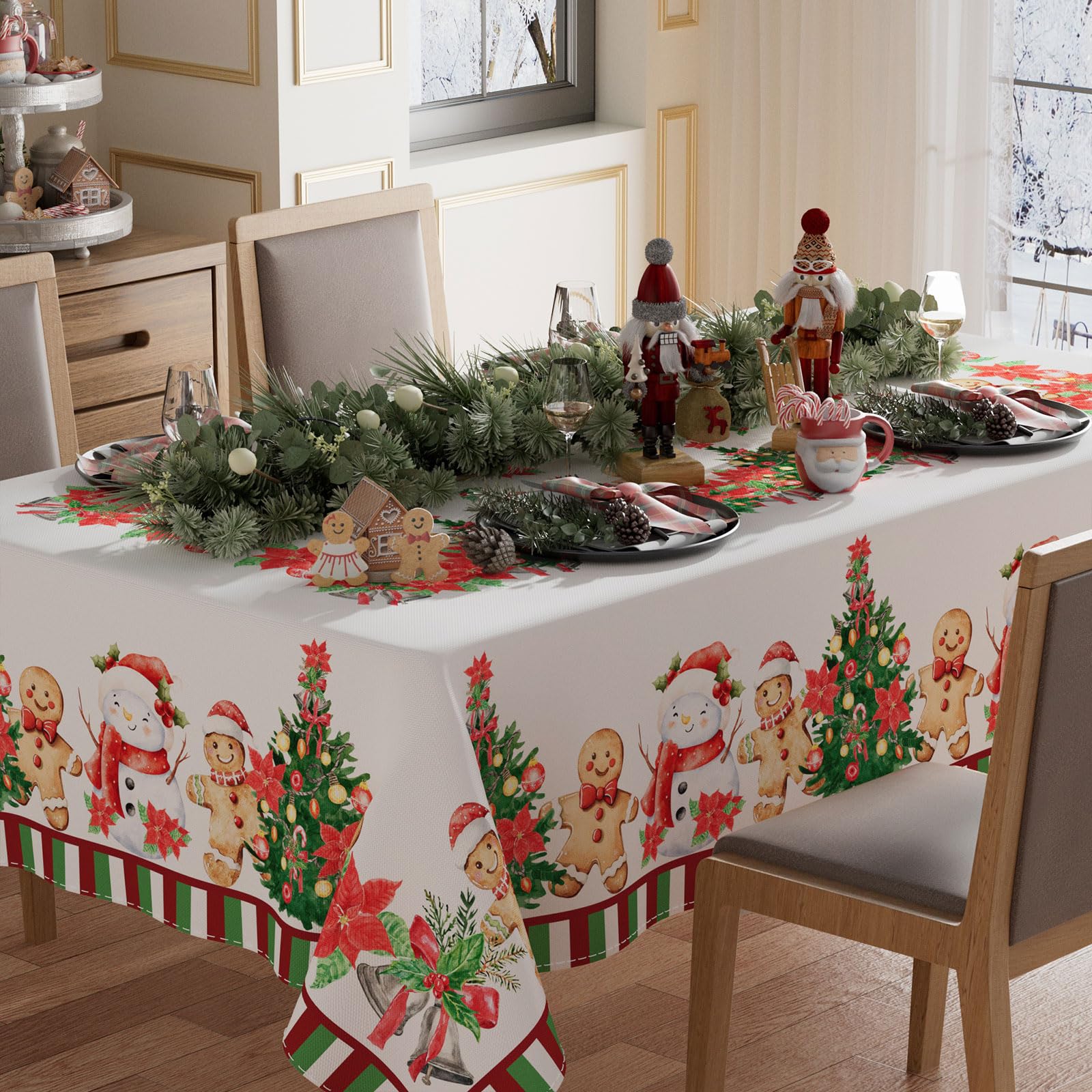 XCHI Plaid Winter Snowman Gingerbread Man Christmas Tree Tablecloth Rectangle Christmas Table Cloth Washable Table Coversfor Indoor Dining Home Party