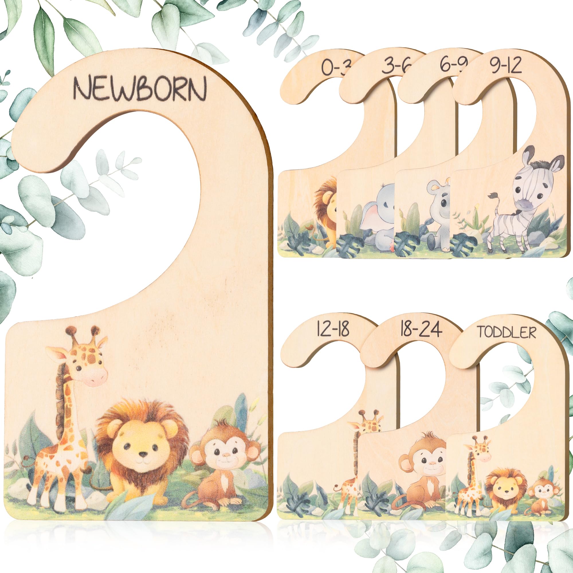 Baby Closet Dividers for Clothes Organizer - Set of 8 Safari Animal Wooden Double-Sided Baby Clothes Size Hanger Organizer from Newborn to 24 Months