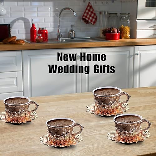 Miniatura 2 de LaModaHome Juego de 6 tazas de café expreso turco otomano con platillos y soportes, diseño de mármol marrón, porcelana árabe, griega, mini taza de