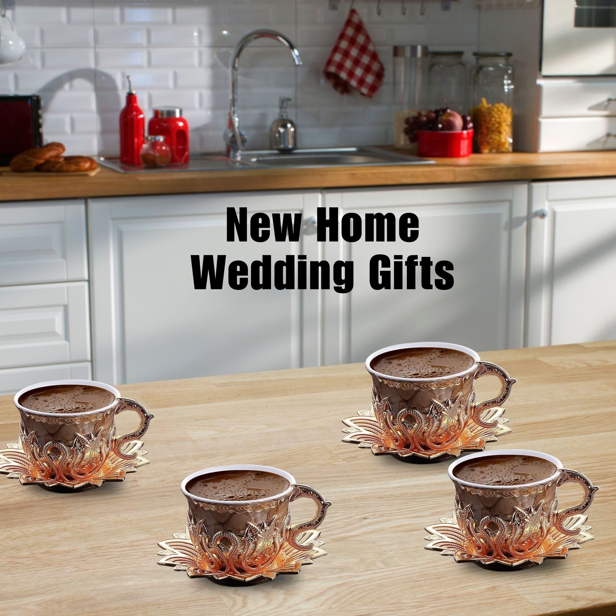 LaModaHome Ottoman Turkish Espresso Coffee Cups with Saucers and Holders Set of 6, Brown Marble Design, Porcelain Arabic, Greek Mini Coffee Mug, Handmade Vintage Gifts, Serving, Tableware - Gold