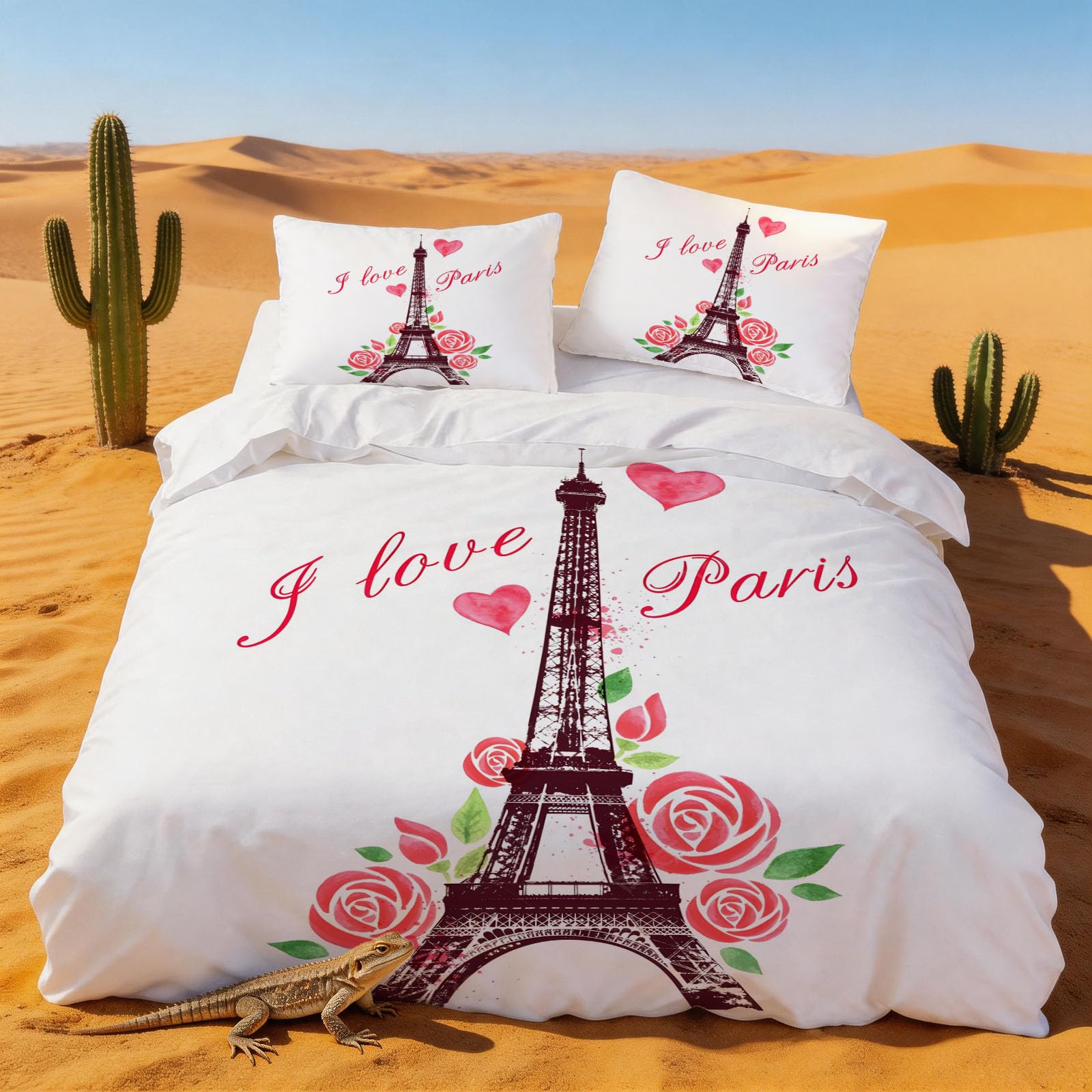 Housse de couette 220x240 Paris Tour Eiffel en microfibre douce avec 2 taies d'oreiller