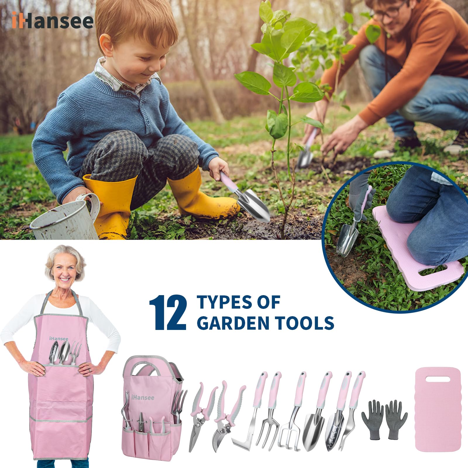 Juego de Herramientas de jardín de Aluminio de 12 Piezas con Mango Antideslizante, Almohadilla de Rodillas, Delantal, Guantes y Bolsa organizadora, Herramientas de paisajismo, Regalo para