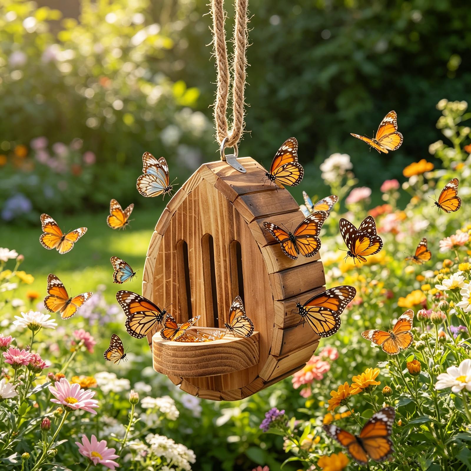 Maison à papillons en bois HTU avec corde pour déco de jardin et balcon