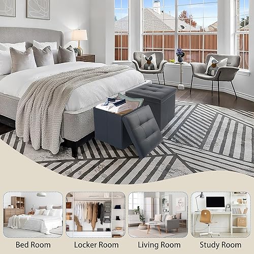 Miniatura 8 de LotFancy Otomana de almacenamiento, paquete de 2, taburete plegable para reposapiés, banco pequeño de cuero de 13 x 12 x 12 pulgadas con