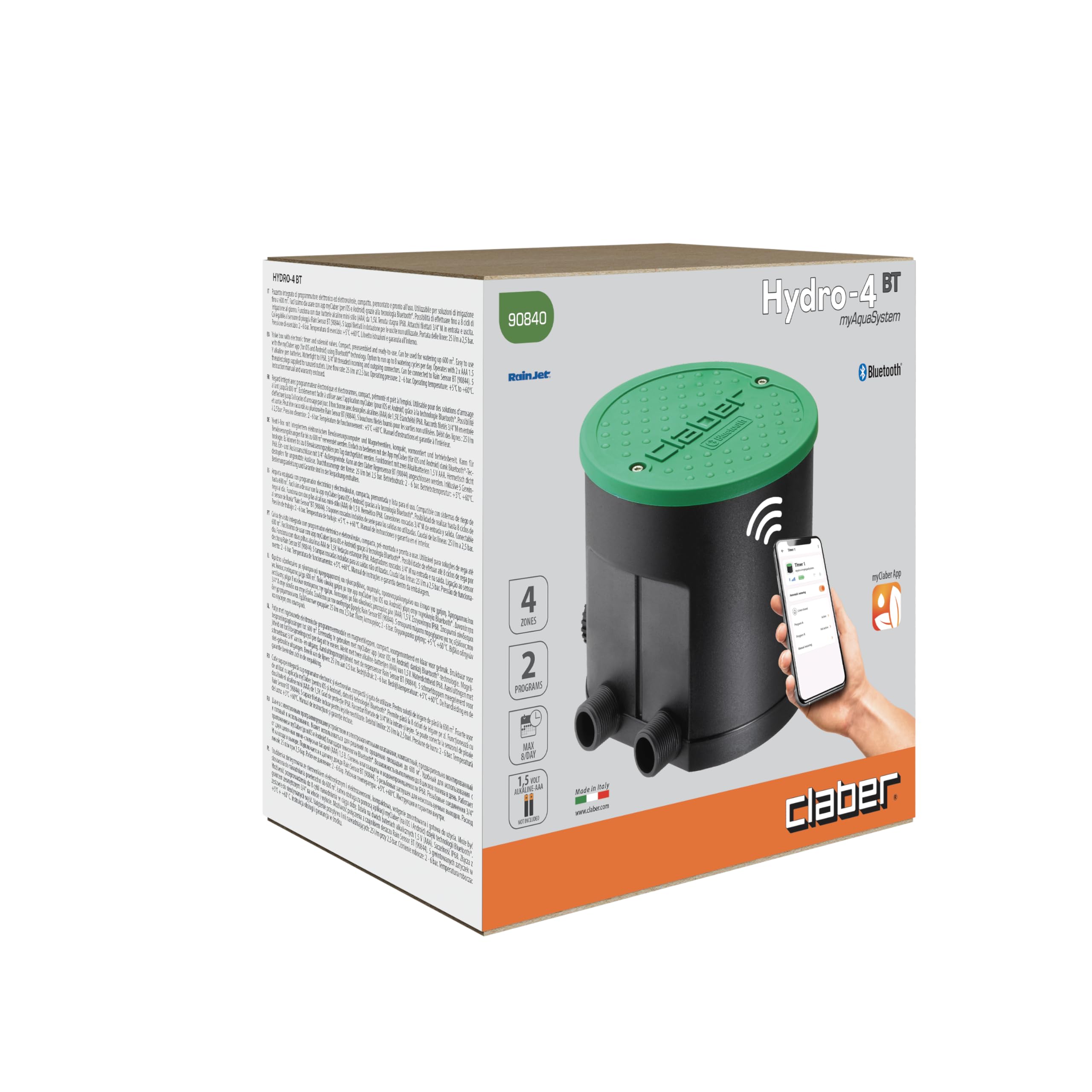 Claber Hydro-4 BT – Pozzetto Premontato a 4 Vie con Programmatore Smart Bluetooth® Integrato, Controllo fino a 4 Linee di Irrigazione