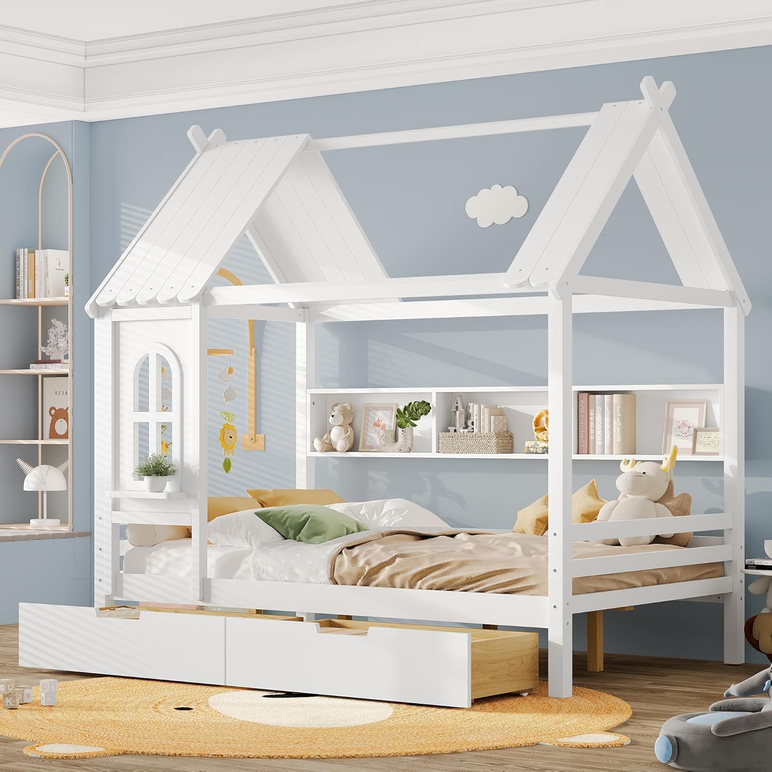 MERITLINE Full Size House Bed with Storage Drawers & Window, Solid Wood Platform Bed Frame with Shelves, No Spring Box Needed, Childlike Design for Kids, Girls, Boys, Light White