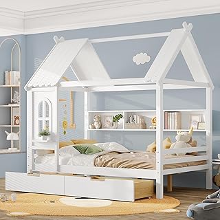 MERITLINE Full Size House Bed with Storage Drawers & Window, Solid Wood Platform Bed Frame with Shelves, No Spring Box Needed, Childlike Design for Kids, Girls, Boys, Light White