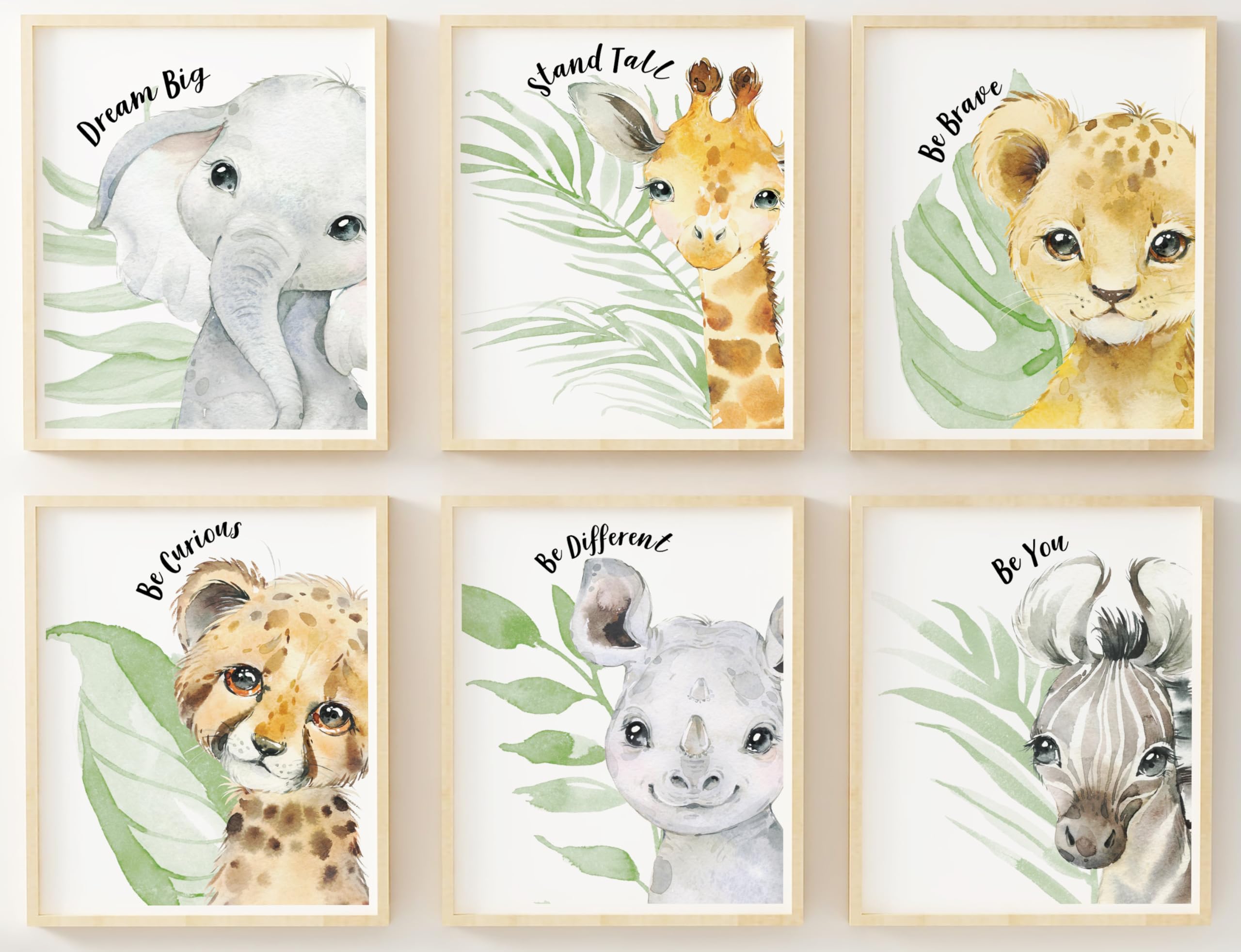 Baby Safari Animals Wall Art Prints - Nursery Decor - Set of 6-8x10 - Jungle Nursery Room Pictures for Baby Girl Boy Kids - Motivational Quotes - Watercolor - Unframed -
