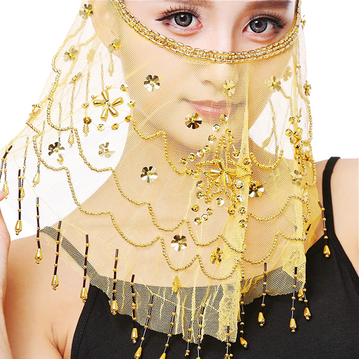 SamHeng Belly Dance Face Veil, Chiffon Face Veil with Sequins Beads for Belly Dance Costumes Performance Halloween Costume Accessory for Women and Girls