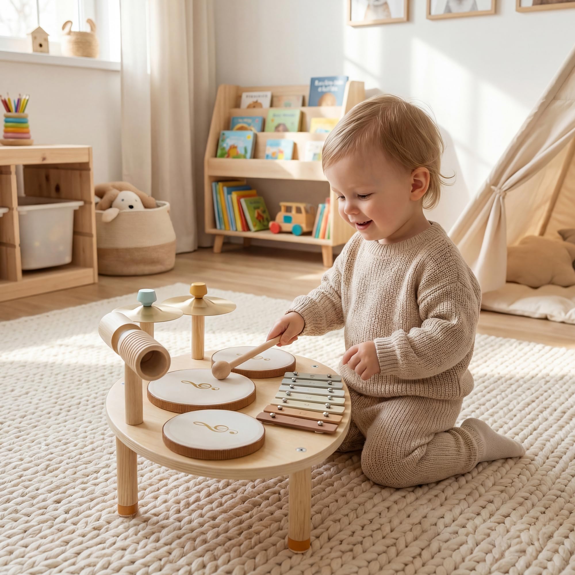 AIYAPLAY Set Musicale per Bambini, Strumenti in Legno e Metallo con Tamburi e Xilofono per Età 2+ Anni, Regali Musicali per Bambini e Bambine, Colore Legno Naturale