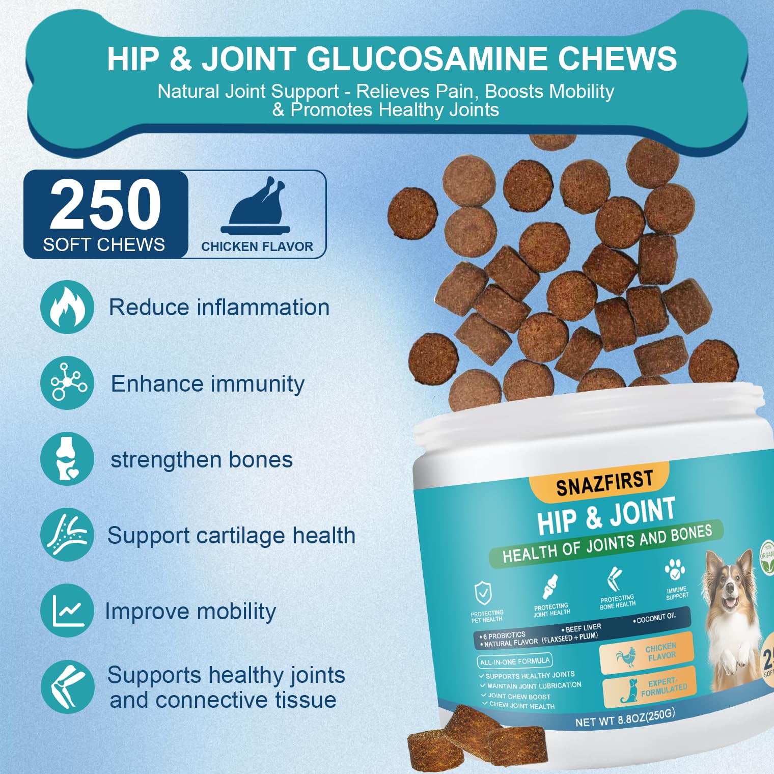 Hip and Joint Supplement for Dogs, glucosamine for Dogs Hip and Joint Supplement with Chondroitin, MSM, Omega 3 Chondroitin and Green Lipped Mussel, 250 Chews for All Senior Large Small Medium Breed - image 3