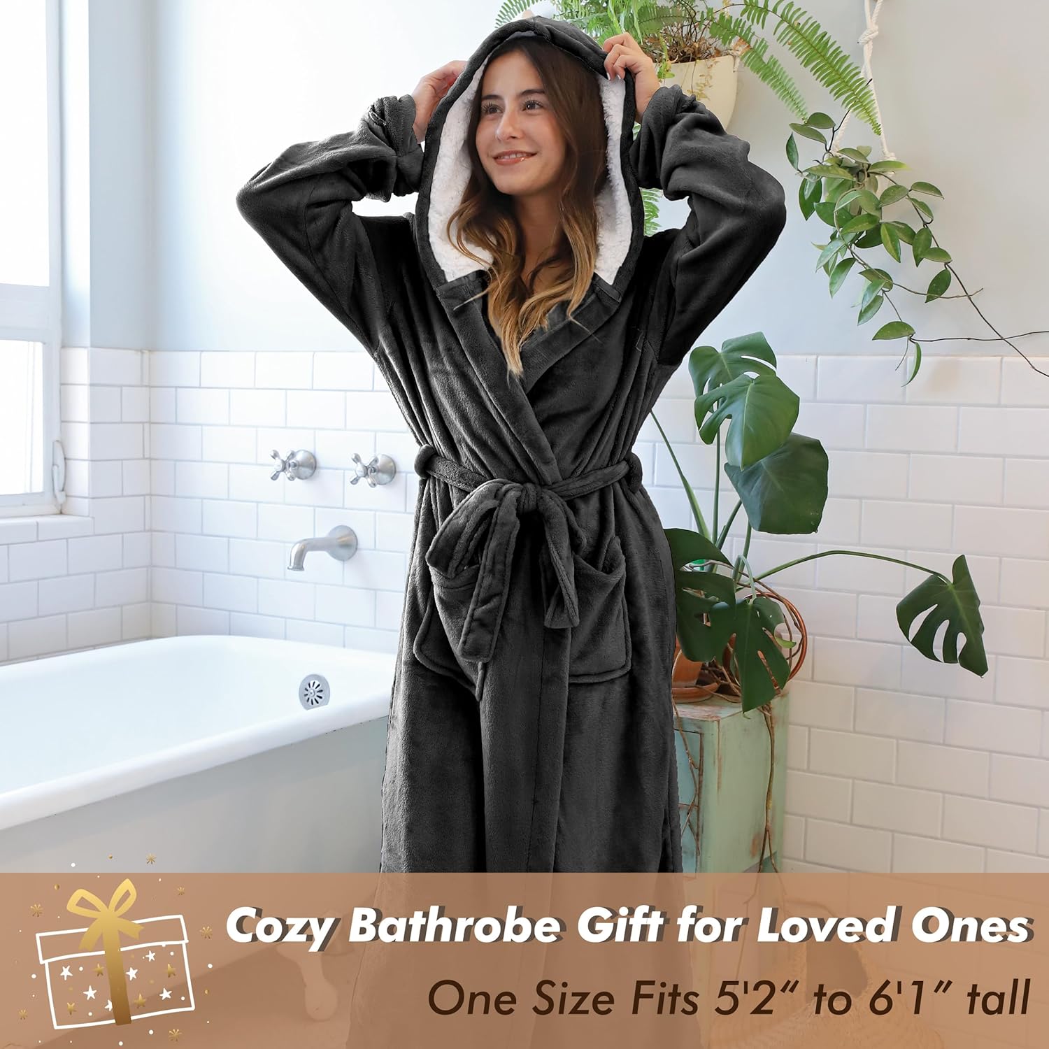 Tirrinia Hooded Sherpa Robe Long Plush Fuzzy Bathrobe for Women with Hood Sherpa Lined Black - Image 2