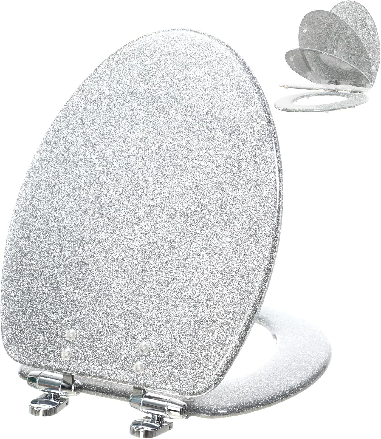 Toilet Seat Resin Elongated Silver Glitter Slow Quiet-Close Heavy Duty Decorative Acrylic Seats for Standard Toilets, Easy to Install also Easy to Clean (19 Inch, Silver Glitter, Upgraded hinge)