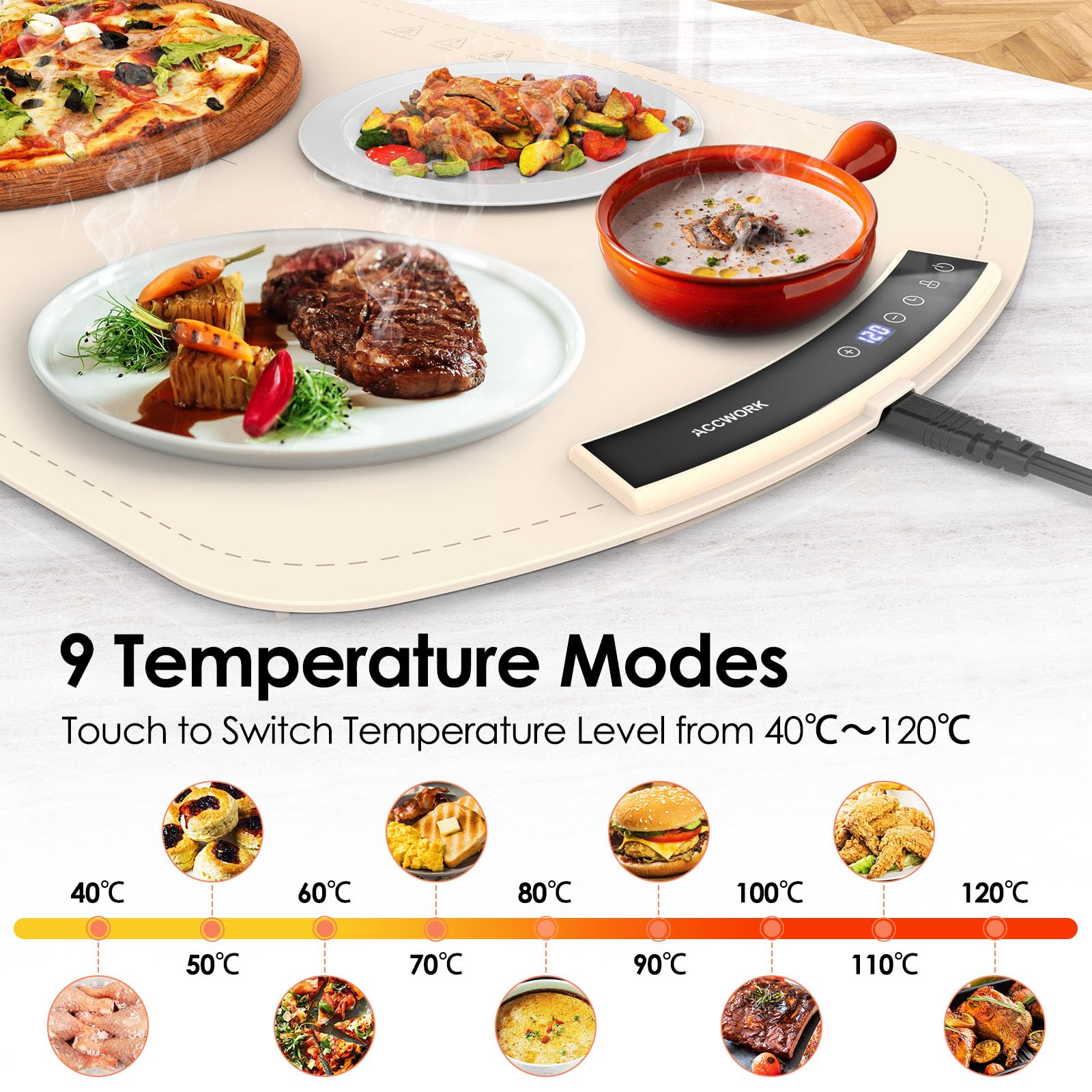 Accwork Wärmespeicherplatte für Buffet, Abendessen zu Hause, Party, 40-120℃ Warmhalteplatte für Speisen mit 6 Timern, Elektrischer Speisenwärmer Faltbare Silikon Heizplatte 65 x 40 cm