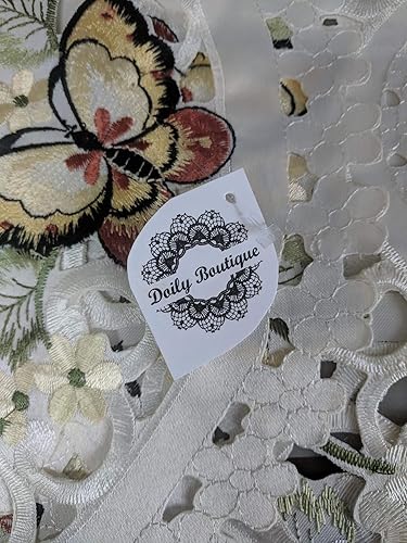 Vista 8 de Mantel o mantel cuadrado bordado con mariposas de varios colores sobre material marfil, tamaño 33 x 33 pulgadas