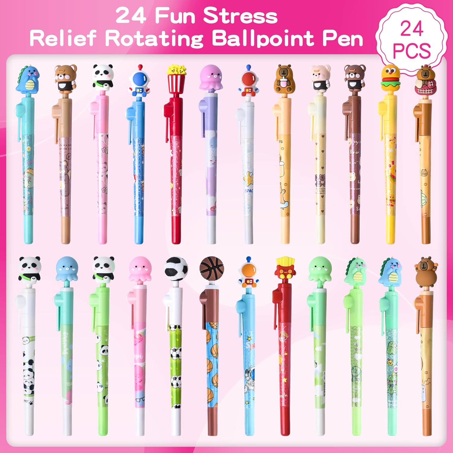 Ulema 24 Pcs Fidget Pens Fun Cute Kawaii Pens，Stress Relief Rotating Pen for School, Office, Home, Birthday Gifts Supplies