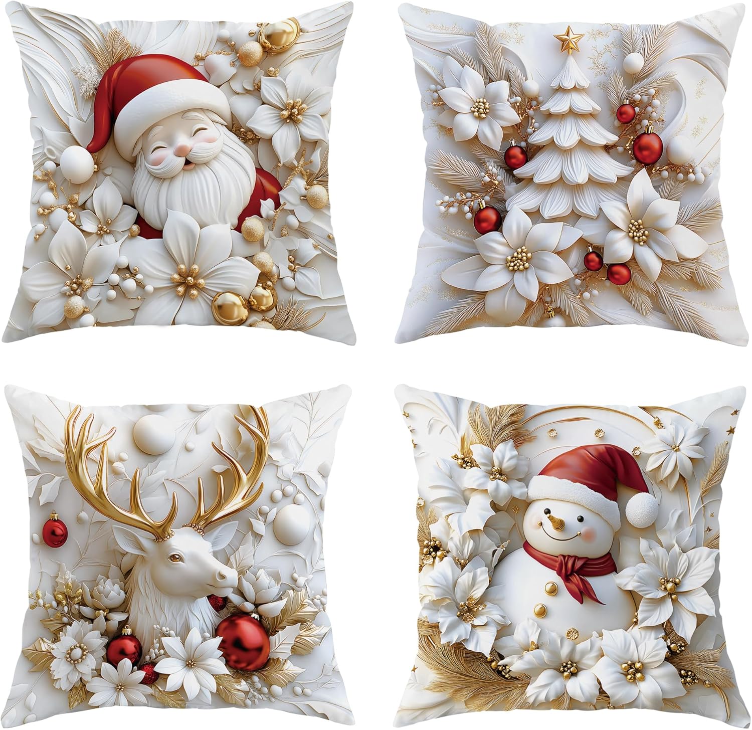 DESIHOM White Relief Aesthetic Christmas Throw Pillow Covers 24x24 Set of 4, Soft Comfy Xmas Santa Claus Trees Pillow Cases, Poinsettia Snowman Reindeer 3D Decor for Couch Sofa Living Room Bed