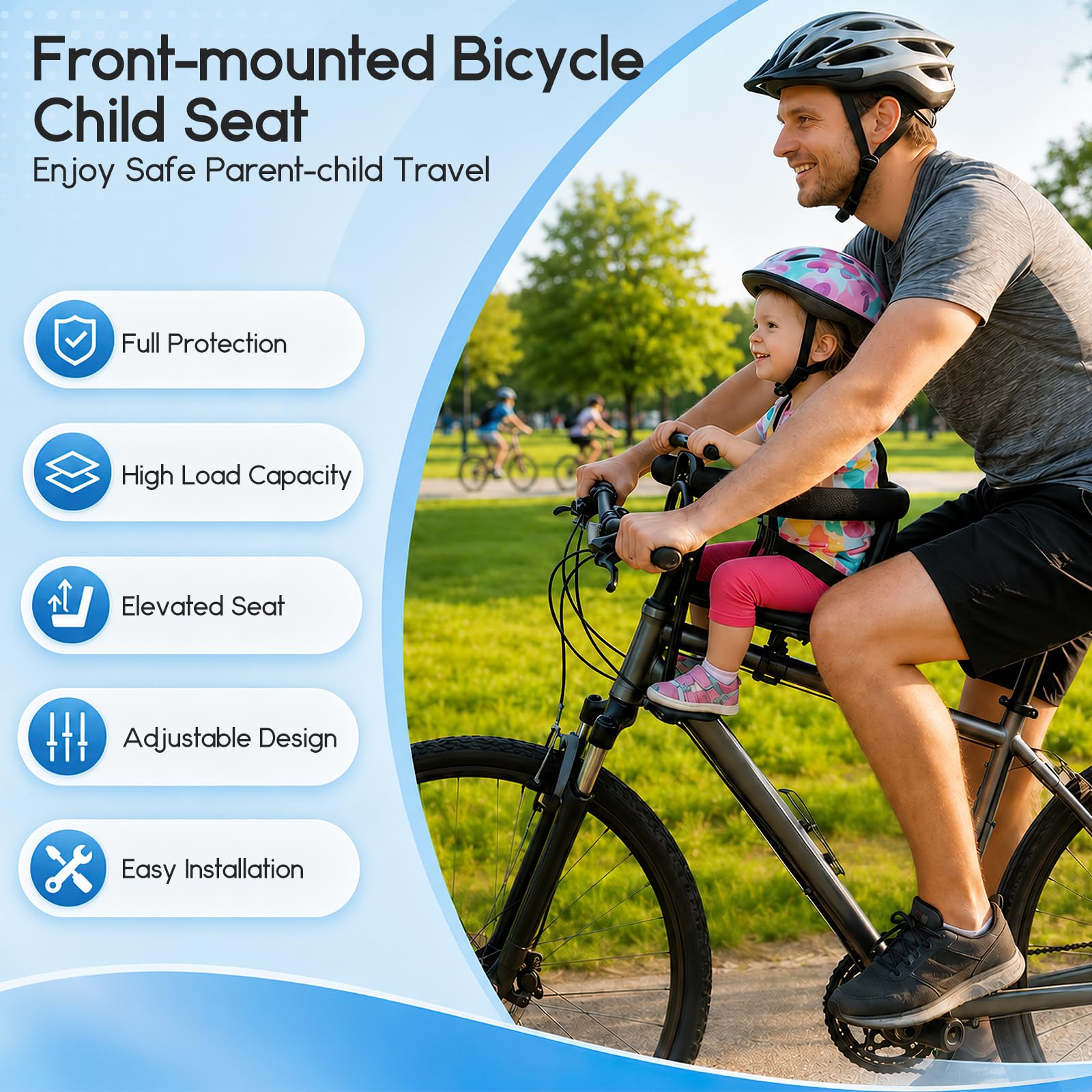 Kinderfahrradsitz Vorne – Verstellbarer Front-Kindersitz für 1-7 Jahre (bis 50 kg), mit Schutzbügel & Fußstützen, für Mountainbikes & Fahrräder mit Oberrohr