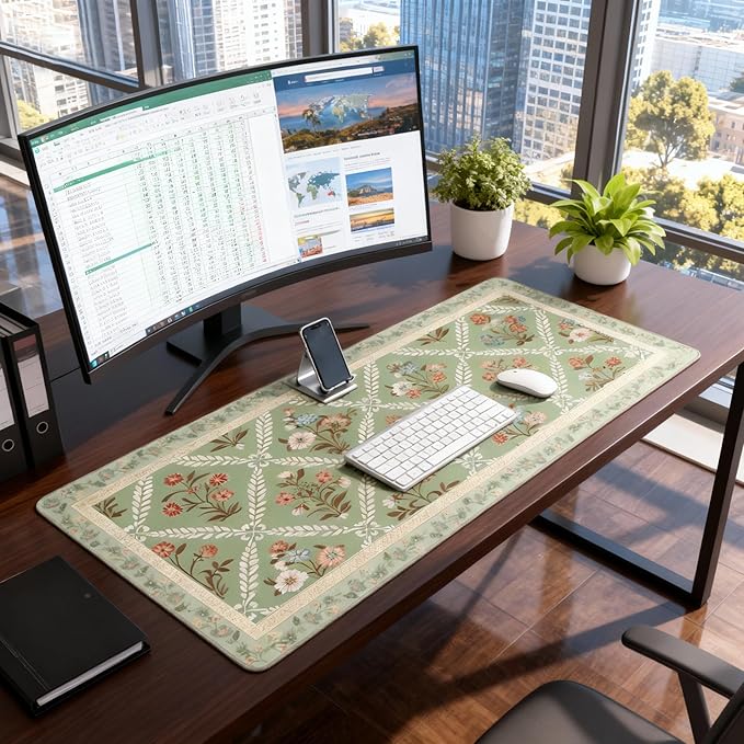 Alfombrilla floral XXL verde salvia con bordes cosidos, antideslizante miniatura 2