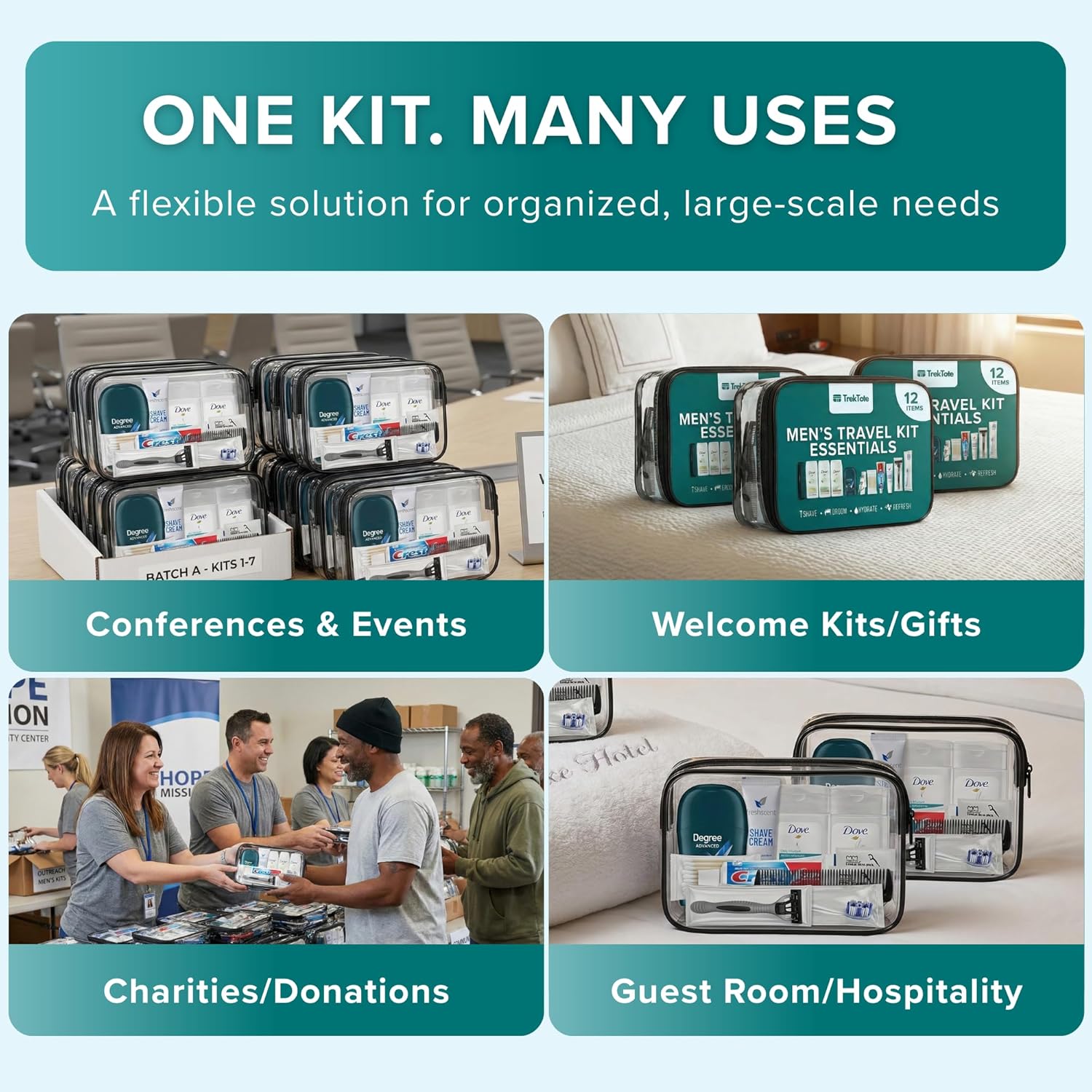 TrekTote Bulk Men’s Travel Hygiene Kits Case Pack of 12 Piece Kits TSA Approved Travel Size Toiletry Kits with Toothbrush Toothpaste Deodorant Razor for Shelters Outreach Emergency Use