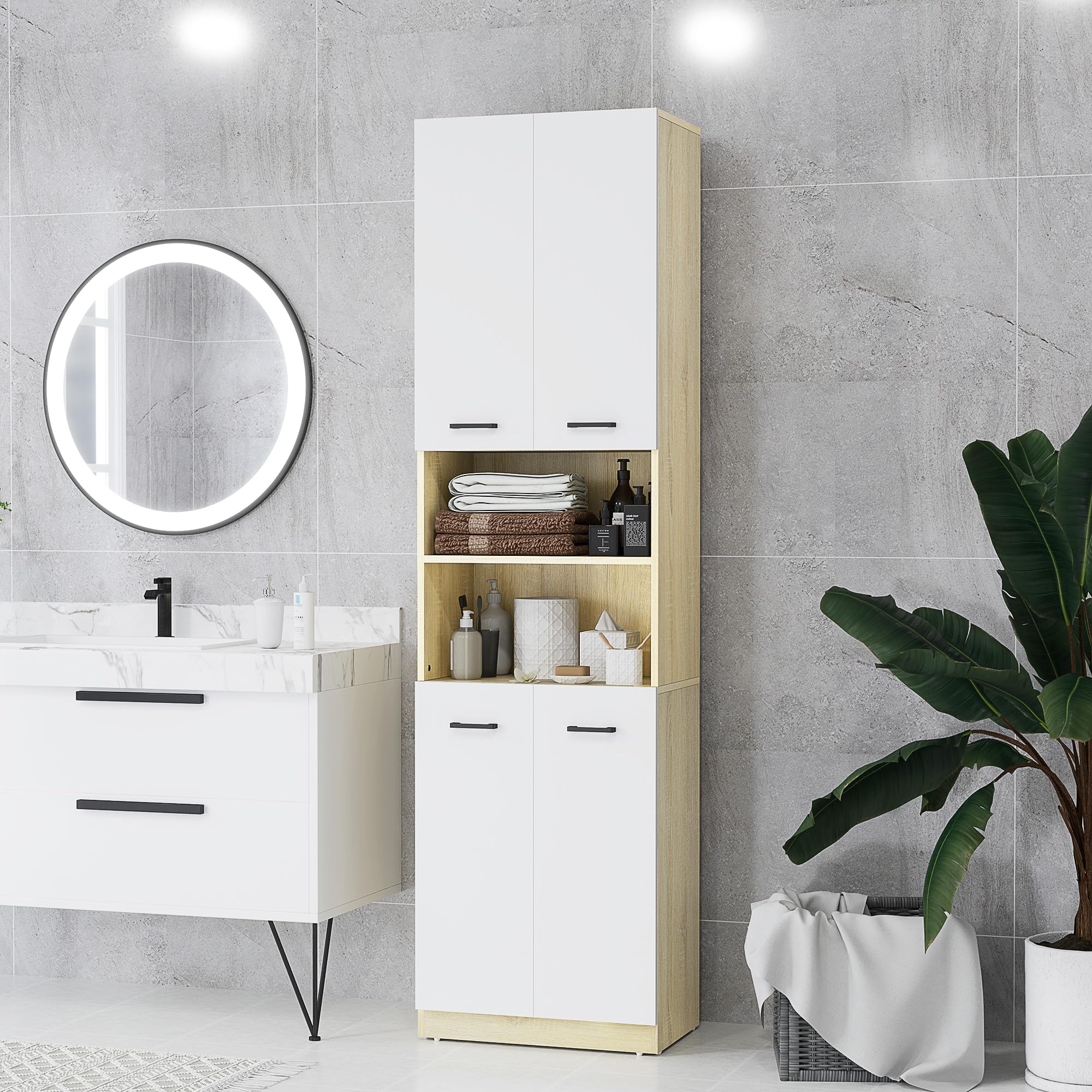 kleankin Columna Auxiliar de Baño Armario Alto de Baño con 4 Puertas 2 Estantes Abiertos y Estantes Ajustables Estilo Moderno para Salón 53x33,5x195,7 cm Blanco y Roble