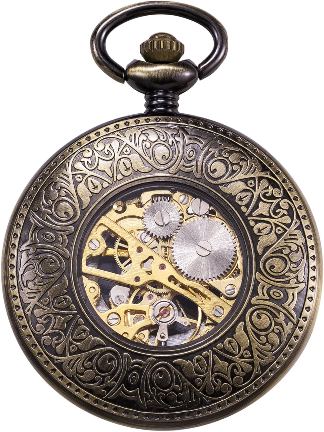 TREEWETO Antique Mens Pocket Watch Skeleton Mechanical Hollow Bronze Case 3D Steam Train Railroad Roman Numerals