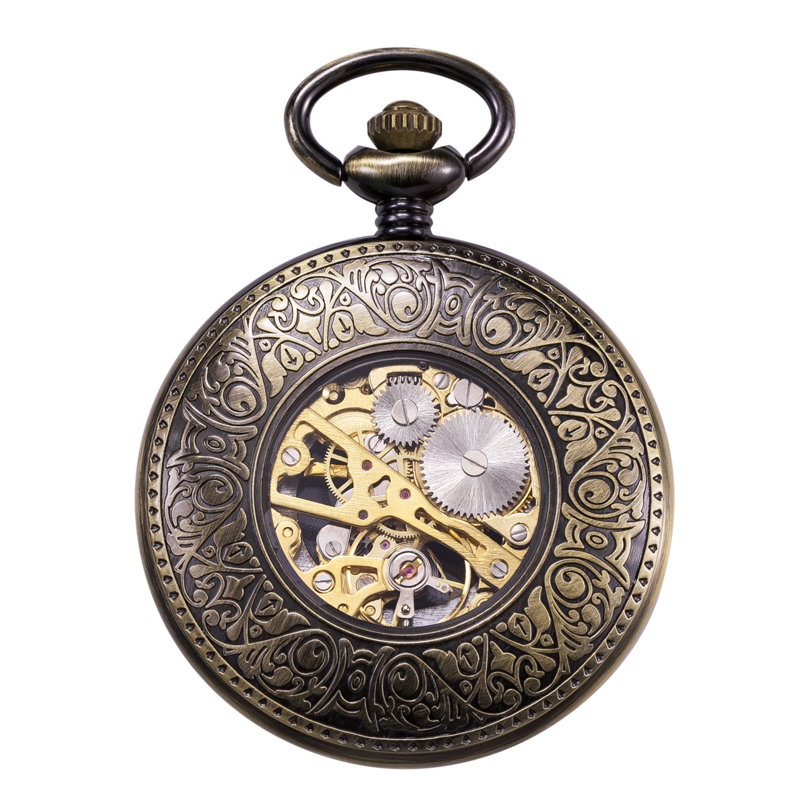 Treeweto - Antico orologio da taschino, da uomo, movimento meccanico visibile, cassa cava in bronzo, incisione effetto 3D di un treno a vapore, numeri romani