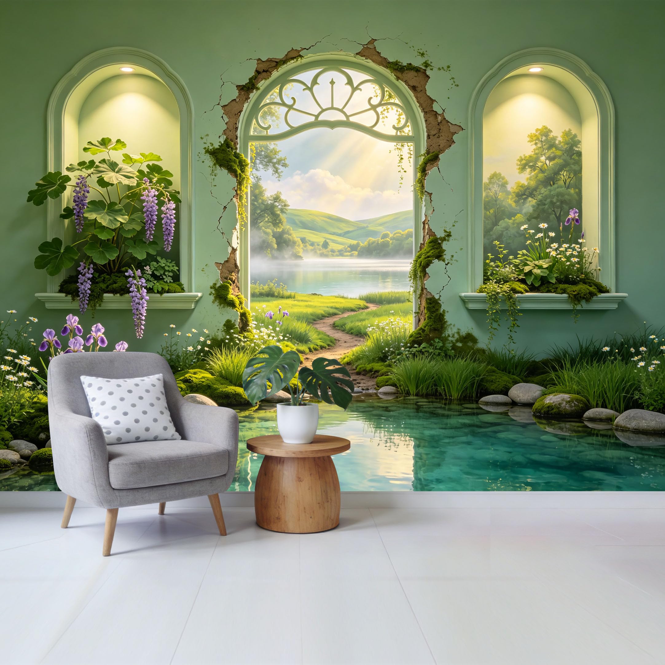Custom Size Wall Mural Dreamy Landscape Window View Lake Path Botanical Garden Removable Self Adhesive Fabric Home Wall Decor for Living Room Bedroom Bathroom